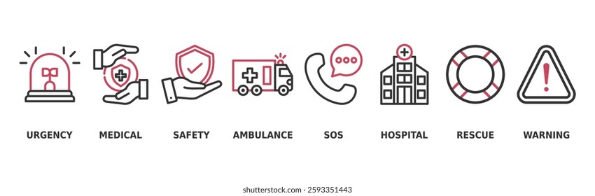 Emergency banner web icon vector illustration concept with icon of urgency, medical, safety, ambulance, sos, hospital, rescue, and warning