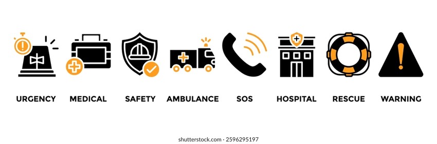 Emergency banner web icon vector illustration concept with icon of urgency, medical, safety, ambulance, sos, hospital, rescue, and warning