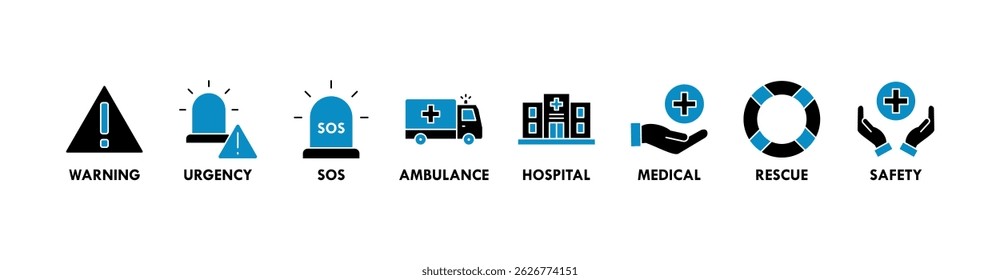 Emergency banner web icon vector illustration concept with icon of urgency, medical, safety, ambulance, sos, hospital, rescue, and warning