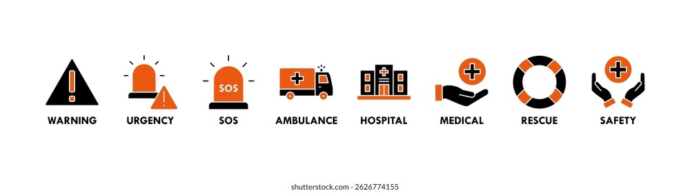 Concepto de Ilustración vectorial del icono del Web del Anuncio de la emergencia con el icono de la urgencia, médico, seguridad, ambulancia, SOS, hospital, rescate, y advertencia