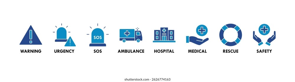 Emergency banner web icon vector illustration concept with icon of urgency, medical, safety, ambulance, sos, hospital, rescue, and warning