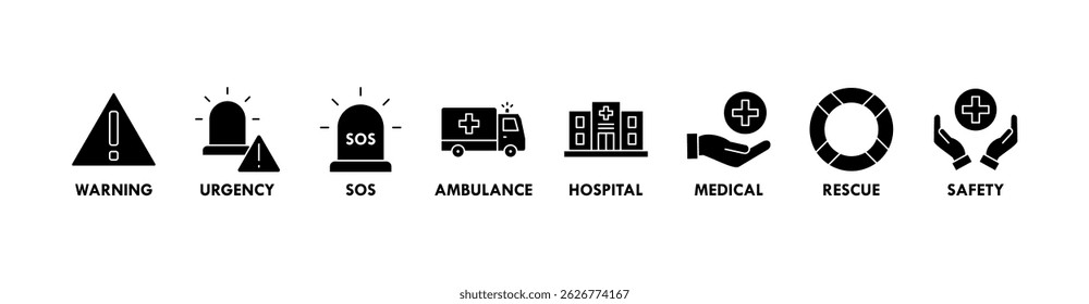 Emergency banner web icon vector illustration concept with icon of urgency, medical, safety, ambulance, sos, hospital, rescue, and warning