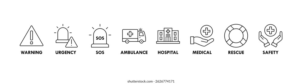 Emergency banner web icon vector illustration concept with icon of urgency, medical, safety, ambulance, sos, hospital, rescue, and warning