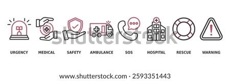Emergency banner web icon vector illustration concept with icon of urgency, medical, safety, ambulance, sos, hospital, rescue, and warning