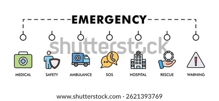 Emergency banner web icon vector illustration concept with icon of urgency, medical, safety, ambulance, sos, hospital, rescue, and warning