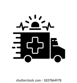 Emergency black glyph icon. Ambulance. Emergency response. Accident department. Urgent medical care center. Medical vehicle. Silhouette symbol on white space. Vector isolated illustration