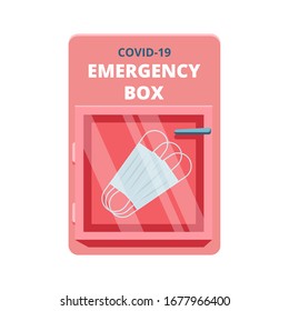 Emergency box with medical facial masks in red case of breakable glass. Shortage Coronavirus Phenomenon concept. COVID-19 protection. Vector illustration. Isolated on white background
