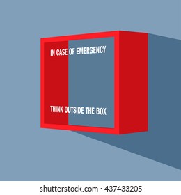 Emergency box on the wall with punning inscription on it - In case of emergency think outside the box.