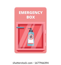 Emergency box with sanitized gel in red case of breakable glass. Shortage Coronavirus Phenomenon concept. COVID-19 protection. Vector illustration. Isolated on white background