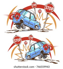 Emergency braking in front of a stop sign. Reckless driving. Car accident. Cartoon illustration isolated on white background