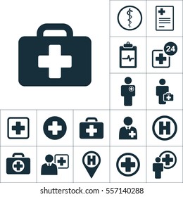 emergency briefcase icon, medical signs set on white background