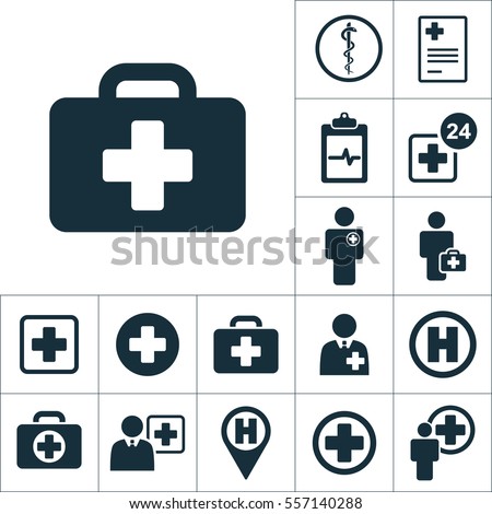 emergency briefcase icon, medical signs set on white background