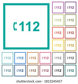 Llamada de emergencia 112 iconos de color plano con marcos cuadrantes sobre fondo blanco