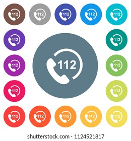 Emergency call 112 flat white icons on round color backgrounds. 17 background color variations are included.