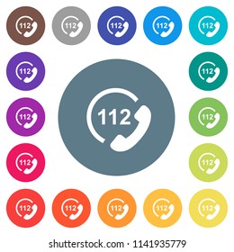 Emergency call 112 flat white icons on round color backgrounds. 17 background color variations are included.