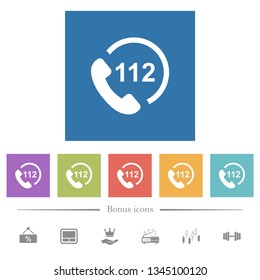 Emergency call 112 flat white icons in square backgrounds. 6 bonus icons included.