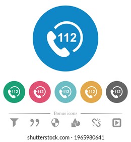 Emergency call 112 flat white icons on round color backgrounds. 6 bonus icons included.