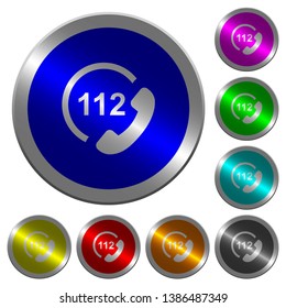 Emergency call 112 icons on round luminous coin-like color steel buttons