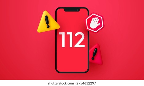 Emergency call 112 on a smartphone screen with 3D warning and stop signs, indicating urgency and help. Vector illustration.