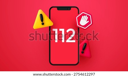 Emergency call 112 on a smartphone screen with 3D warning and stop signs, indicating urgency and help. Vector illustration.