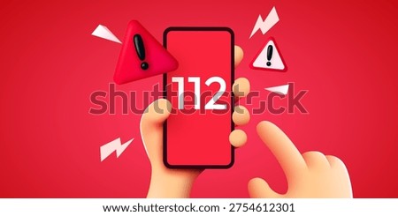 Emergency Call 112 on Smartphone. A 3D cartoon hand holds a mobile phone with warning signs. Vector illustration.