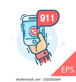 Emergency call 911 concept. Hand holding mobile phone on the screen. Vector modern line design illustration icon