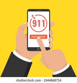 Emergency call 911 concept. Hand holding mobile phone with emergency number 911 on the screen. Vector illustration.