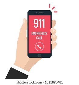 Konzept des Notrufs 911. Hand, die das Handy mit der Notrufnummer 911 auf dem Bildschirm hält. Vektorgrafik. 