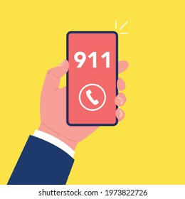 Emergency call 911 concept. Hand holding mobile phone with emergency number 911 on the screen. Vector illustration.