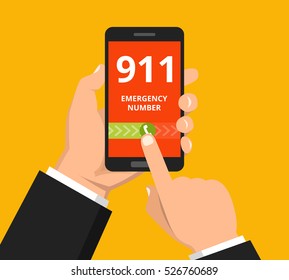 Emergency call 911 concept. Hand holding mobile phone with emergency number 911 on the screen. Flat vector illustration.