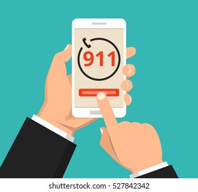 Emergency call 911 concept. Hand holding mobile phone with emergency number 911 on the screen. Flat vector illustration.