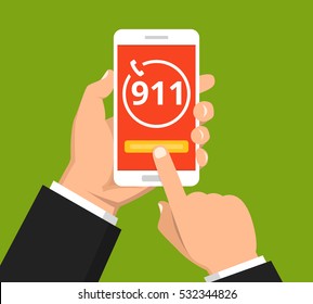 Emergency call 911 concept. Hand holding mobile phone with emergency number 911 on the screen. Flat vector illustration.