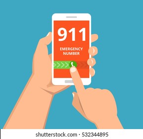 Emergency call 911 concept. Hand holding mobile phone with emergency number 911 on the screen. Flat vector illustration.