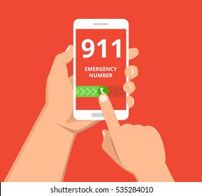 Emergency call 911 concept. Hand holding mobile phone with emergency number on the screen. Flat vector illustration.
