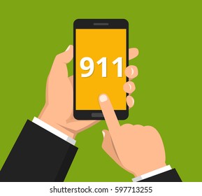 Emergency call 911 concept. Hand holding mobile phone with emergency number 911 on the screen. Flat vector illustration.