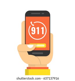 Emergency call 911 concept. Hand holding mobile phone with emergency number 911 on the screen. Flat cartoon style. Vector illustration.