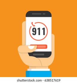 Emergency Call 911 Concept. Hand Holding Mobile Phone With Emergency Number 911 On The Screen. Flat Cartoon Style. Vector Illustration.