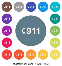 Emergency call 911 flat white icons on round color backgrounds. 17 background color variations are included.