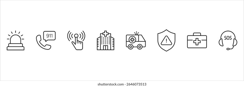 Emergency call 911 hospital support icon set for alert ambulance service safety medical help rescue aid protection signal.