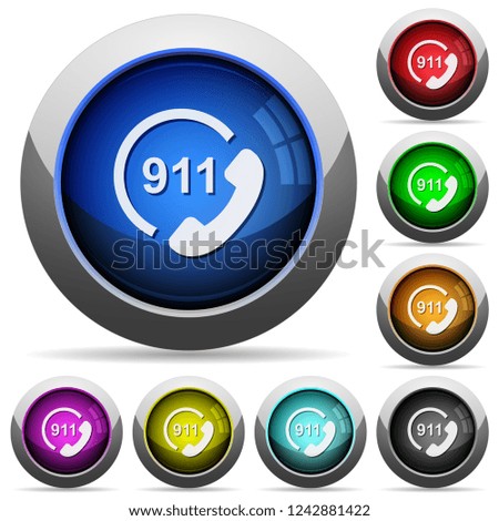 Emergency call 911 icons in round glossy buttons with steel frames