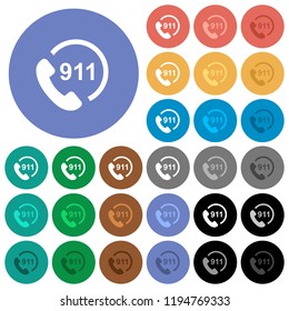 Emergency call 911 multi colored flat icons on round backgrounds. Included white, light and dark icon variations for hover and active status effects, and bonus shades.