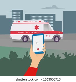 Emergency call, 911, police, ambulance, fire department, call, phone in hand. Flat vector illustration.