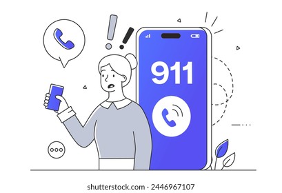 Emergency call 911 simple. Woman with smartphone in hands. Rescue workers, firefighters, ambulance, police. Girl with phone call. Doodle flat vector illustration isolated on white background