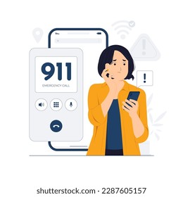 Emergency call 911, urgency, Worried panic woman talking on the phone need help concept illustration