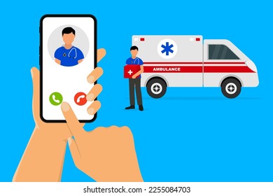 Emergency call. Ambulance, flat vector illustration. Mobile app for hospital talk center, web banner, poster. Medical call center. Emergency car