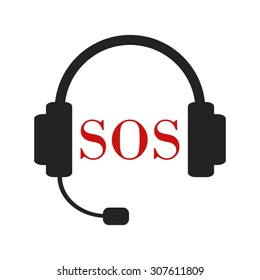 Emergency call. Black headset with red word SOS within, white background