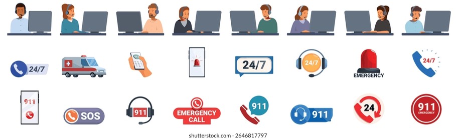  Emergency call center icons set. Emergency service dispatchers providing 247 support and various emergency icons for quick assistance