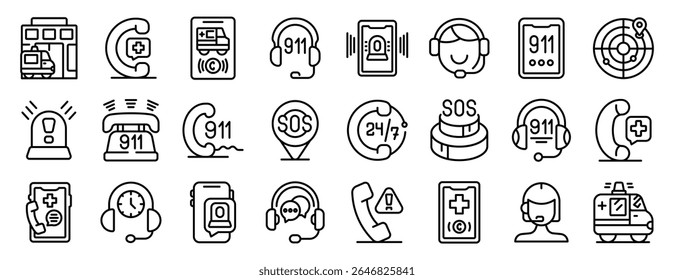  Emergency call center icons set. Emergency service icons represent urgent assistance, medical aid, and helpline support