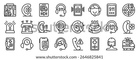  Emergency call center icons set. Emergency service icons represent urgent assistance, medical aid, and helpline support