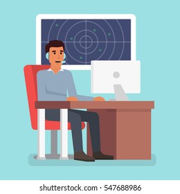 Emergency call center online support. Phone operator. Flat design vector illustration